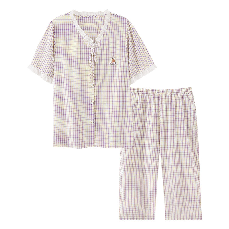 睡衣女士夏季2026年新款纯棉短袖梭织棉七分裤中年妈妈大码家居服