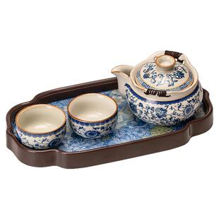 青花汝窑手抓壶盖碗茶杯高档陶瓷防烫泡茶壶一壶两杯功夫茶具套装