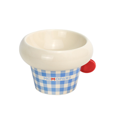 圆把手陶瓷碗格子猫狗高脚宠物碗