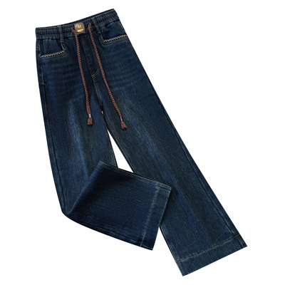 蓝色松紧腰阔腿牛仔裤女加绒加厚