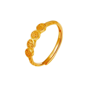 老凤祥足金多财多亿戒指女黄金活口可调节指环素圈生日礼物送女友