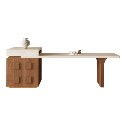 洞石下挂岩板岛台餐桌一体可伸缩