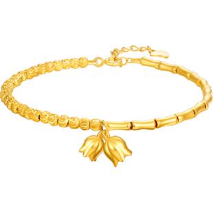 梦金园闪耀蹦迪珠S925银手镯竹节铃兰花手饰小清新几何半镯送女友