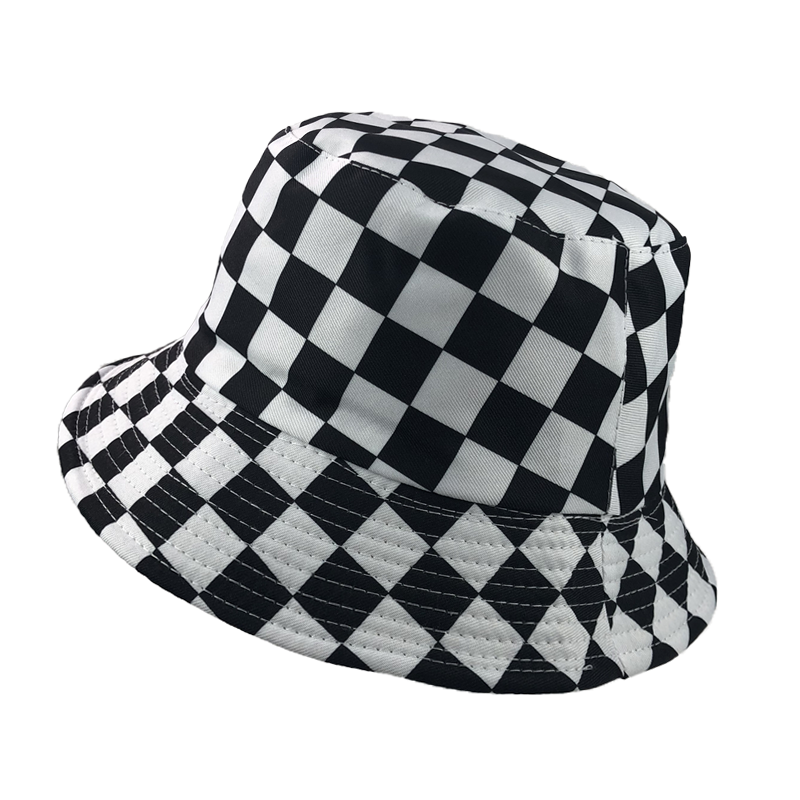 韩小邪原宿黑白格棋盘方格子渔夫帽子双面戴遮阳防晒盆帽男女帽潮