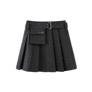 PIT复古设计感藏青色百褶半裙女2025年春装新款小众a字短裙子