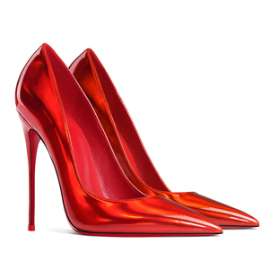 2025新爆款12cm镭射红色漆皮尖头高跟鞋女细跟性感大码红底单鞋春