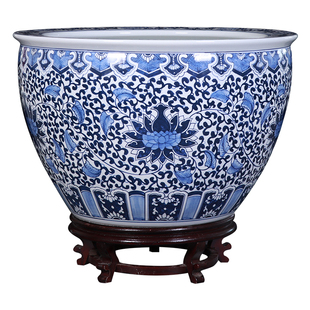 景德镇陶瓷手绘青花金鱼缸庭院大水缸养乌龟睡莲荷花盆缸客厅摆件