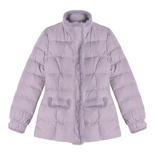 贰羊设计【温芋】高级紫色拼接水貂毛修身立领羽绒服保暖修身外套