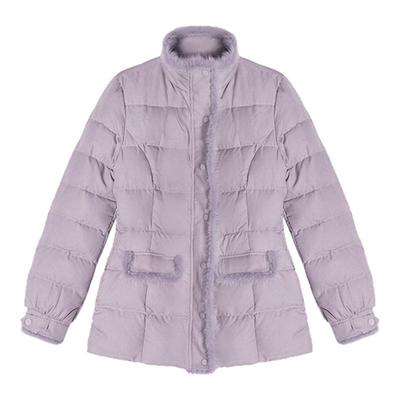 贰羊设计【温芋】高级紫色拼接水貂毛修身立领羽绒服保暖修身外套