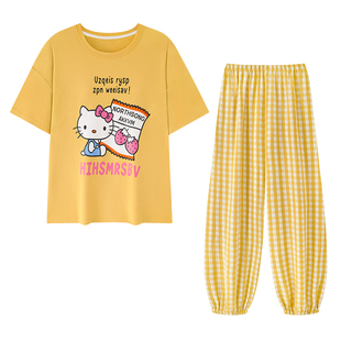 【纯棉-宽松版】2026夏季卡通纯棉短袖长裤带胸垫睡衣家居服可外