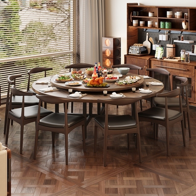 2025新款折叠餐桌实木大餐桌圆桌15人家用中古风新型移动旋转圆盘