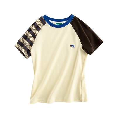 修身显瘦圆领t恤女拼接撞色正肩T