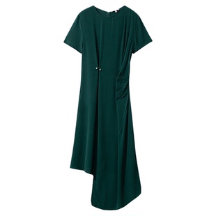 一丝牵 100%桑蚕丝重磅砂洗双绉收腰褶皱真丝连衣裙不规则长裙夏