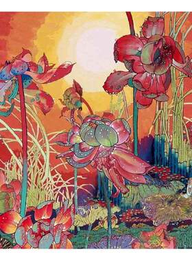 黄永玉风格荷花别墅斗方油画手绘