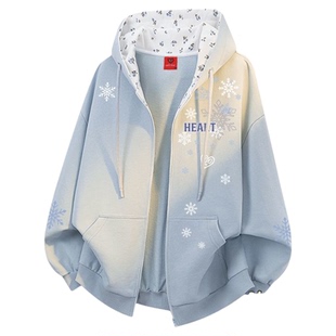 查尔斯桃心雪花印花开衫卫衣男女冬季新款加绒加厚连帽休闲外套潮