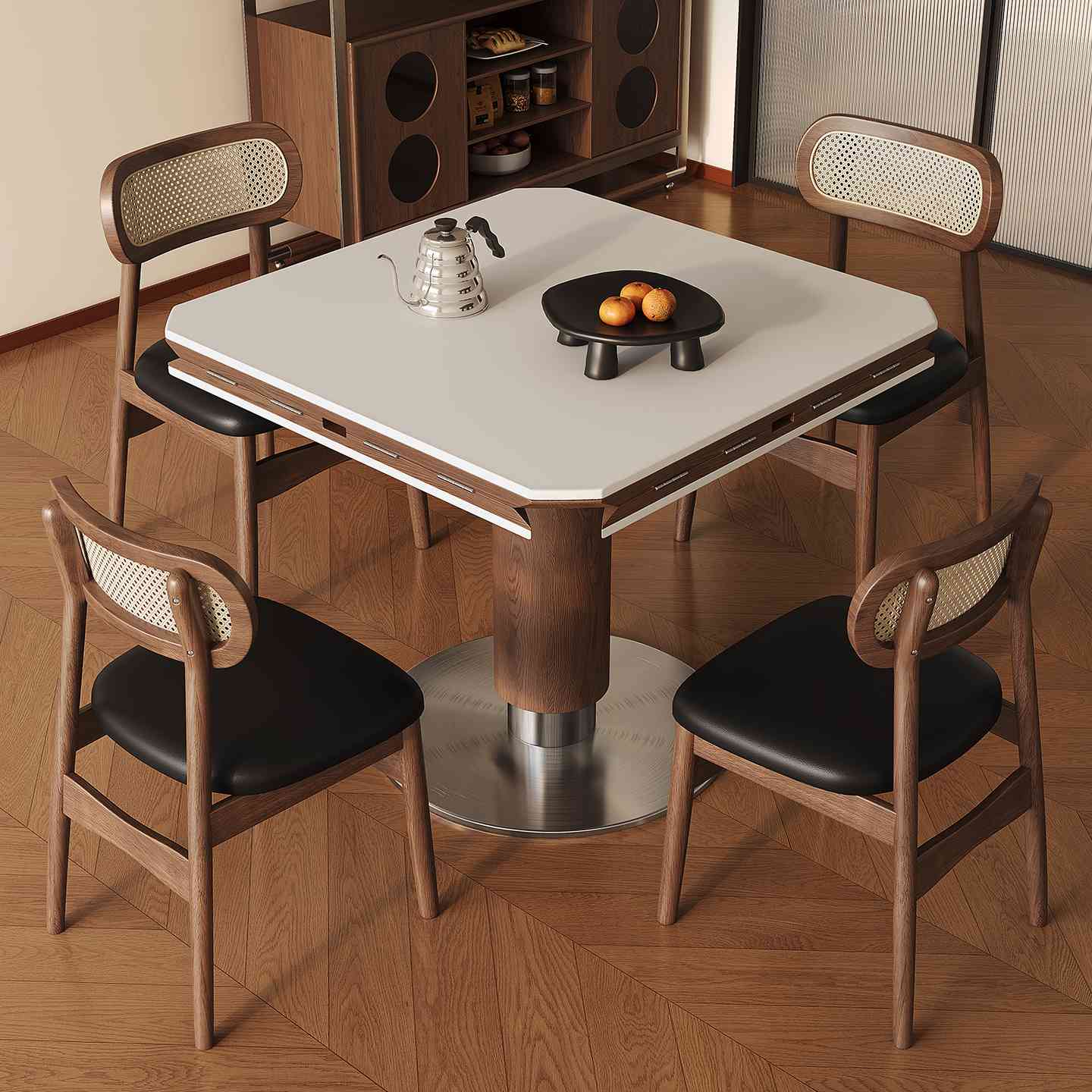 中古风岩板餐桌椅组合简约家用小户型方圆两用复古圆形四折叠餐桌