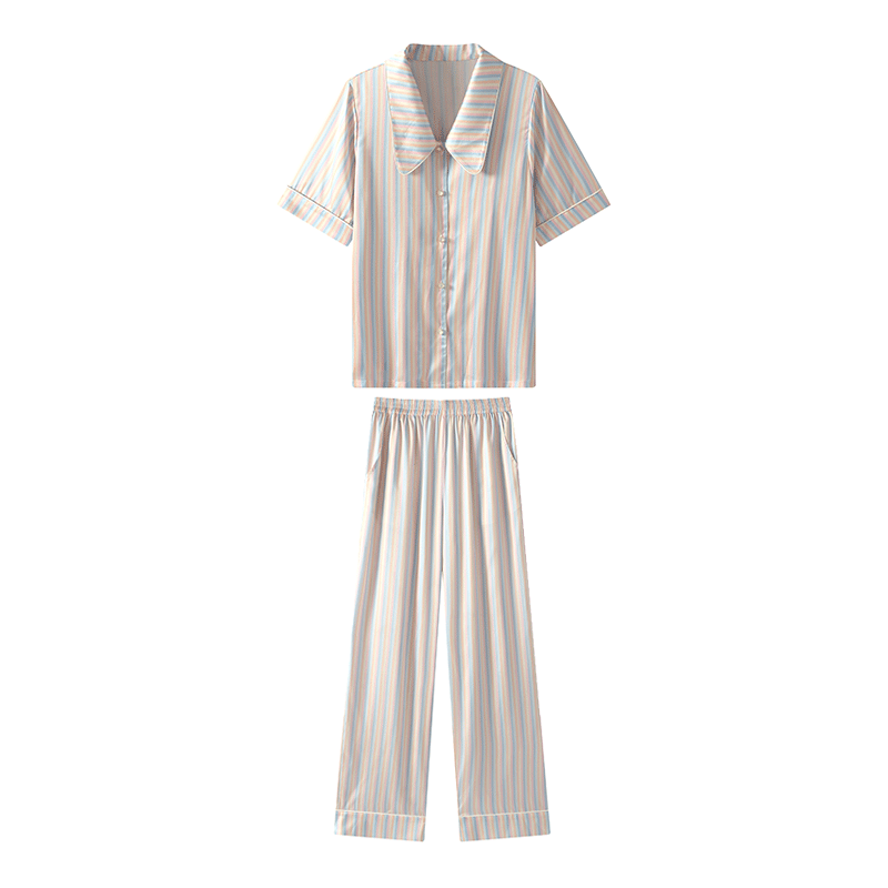 ELFU一套五折【彩虹条纹】睡衣女冰丝凉感多巴胺套装家居服女