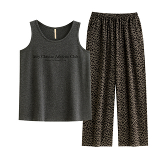 家乐芬带胸垫睡衣女款夏季夏天背心长裤莫代尔家居服冰丝豹纹套装