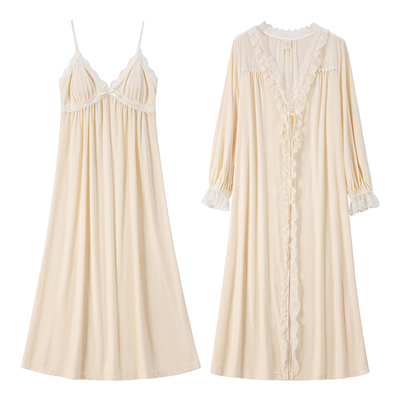 高级慵懒丝绒吊带长裙晨袍两件套