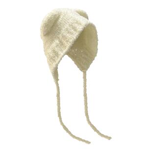 白色小熊耳朵毛线针织帽子女冬显脸小毛绒可爱护耳套头帽保暖冷帽