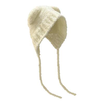 系带小熊耳朵针织毛线帽子