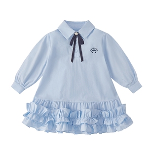 [抗菌纯棉]女童连衣裙宝宝学院风春装女大童蓝色时尚儿童春季裙子