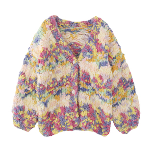 MMC 法式重工手工粗针棒针彩色加厚V领针织开衫外套毛衣小众设计