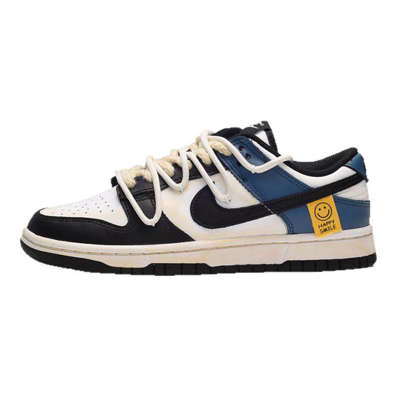 定制球鞋Nike Dunk Low笑脸贴街头做旧双鞋带低帮板鞋男款黑白蓝