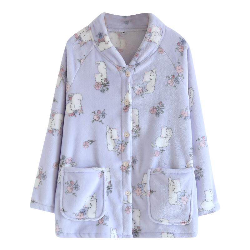 秋冬女士法兰绒睡衣上衣加绒卡通家居服加厚开衫单件保暖长袖大码