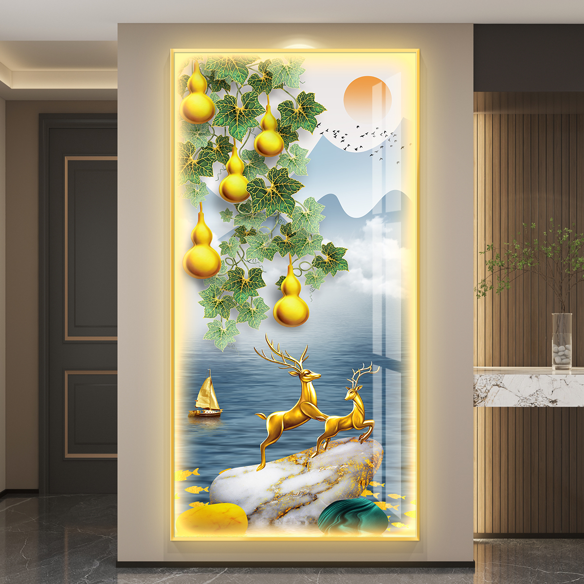 五福临门led灯入户玄关装饰画走廊过道挂画壁画简约现代葫芦高档
