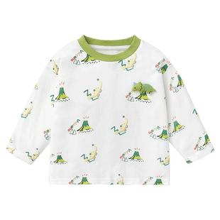 右欧男童长袖T恤女童打底衫条纹绿色2025春秋季新款童装儿童内搭