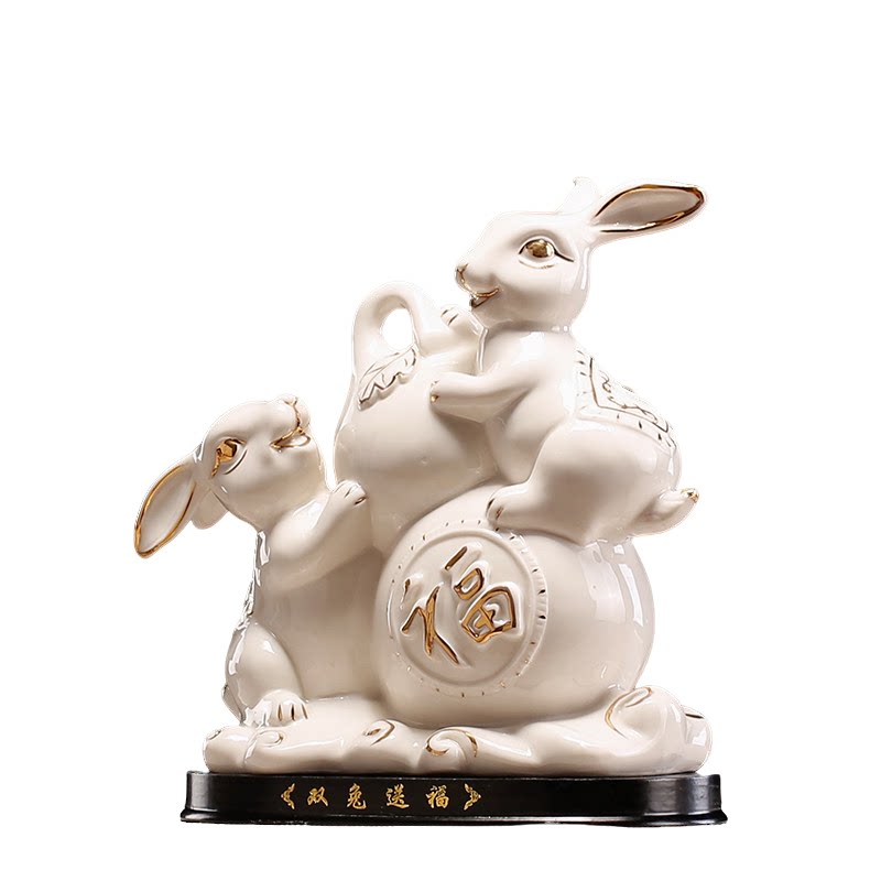 陶瓷兔子葫芦吉祥摆件一对客厅