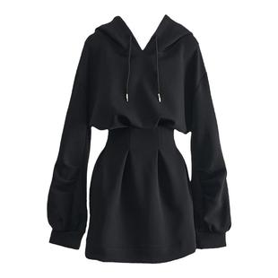 现货暗黑辣妹显瘦设计感甜酷连衣裙收腰连帽卫衣裙秋冬裙子短裙女