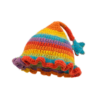 彩虹拼色星星装饰手工编织毛线帽子女秋冬保暖减龄荷叶边巫师帽潮