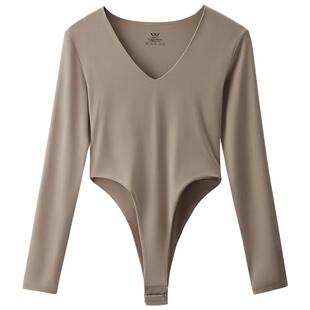 STW高开叉连体衣莫代尔棉正肩长袖连裆T恤修身性感露腰辣妹上衣