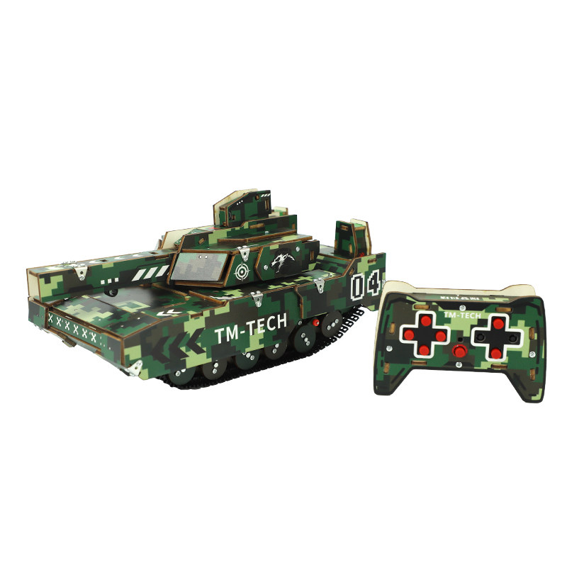 DIY遥控坦克拼装模型儿童科学实验教育玩具300°旋转木质战车