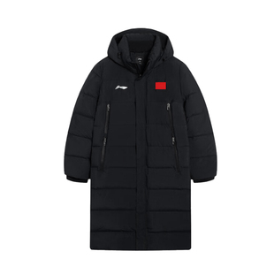 李宁长款羽绒服女黑2025新款冬季国标鸭绒过膝连帽带旗高端厚排骨