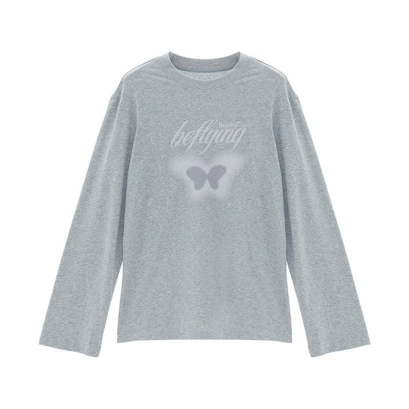 IAmMIX27春季圆领T恤女长袖宽松时尚休闲灰色烫钻印花套头卫衣女