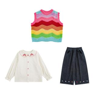 幼悠女童学院风套装春季娃娃翻领衬衫彩虹色无袖背心牛仔阔腿裤潮