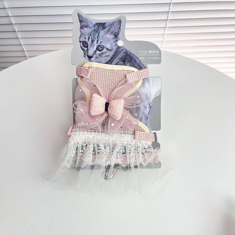 宠物猫狗星空领结蕾丝公主背牵引绳背心挣脱透气裙防式胸可调节