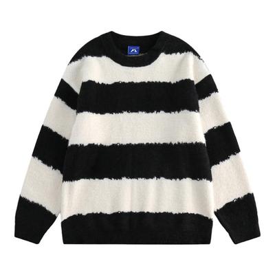 港仔文艺男条纹圆领毛衣男宽松版