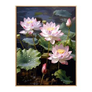 夏日荷花莲花diy数字油画花卉填色油彩画高级感手工丙烯风景填充