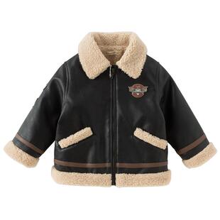 戴维贝拉儿童空军外套2026秋冬新款男童机车风大衣加绒皮夹克A类