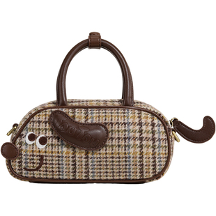 TOUTOU新款毛呢格纹腊肠狗保龄球包通勤手提波士顿包单肩斜挎包女