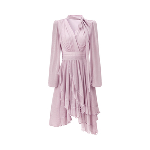 【珠光系列】CHICHY法式温柔长袖V领连衣裙女春季款粉色礼服裙子