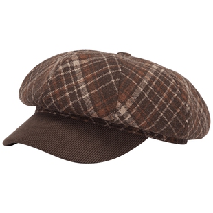 热风女士帽子格纹八角帽2025年冬季新款拼接复古显脸小八角鸭舌帽