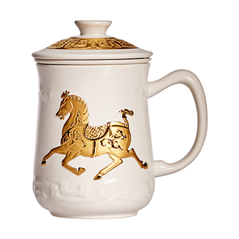 【圣诞礼物】乾唐轩活瓷鎏金盛世宝马三件杯办公室茶水分离陶瓷杯
