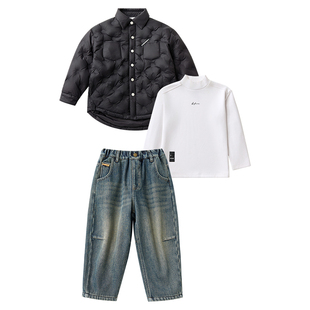 男童套装白鸭绒羽绒服半高领打底加绒牛仔裤2025新款儿童冬季洋气
