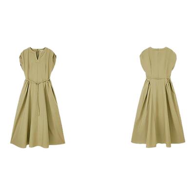 PIT复古V领收腰绑带A字短袖连衣裙女2025夏薄款透气修身中长裙