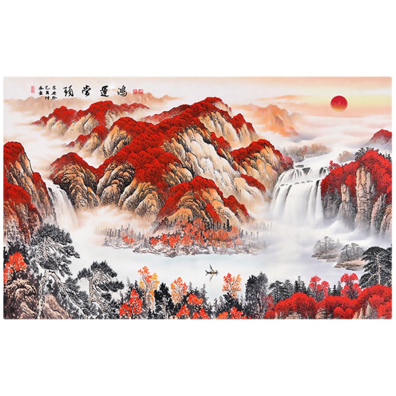鸿运当头3d立体壁画定制墙布5d中式山水国画8d客厅电视背景墙壁布